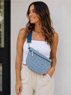 Pretty Simple Westlyn Woven Bum Bag Vegan Leather Checkered Royal Blue Adjust
